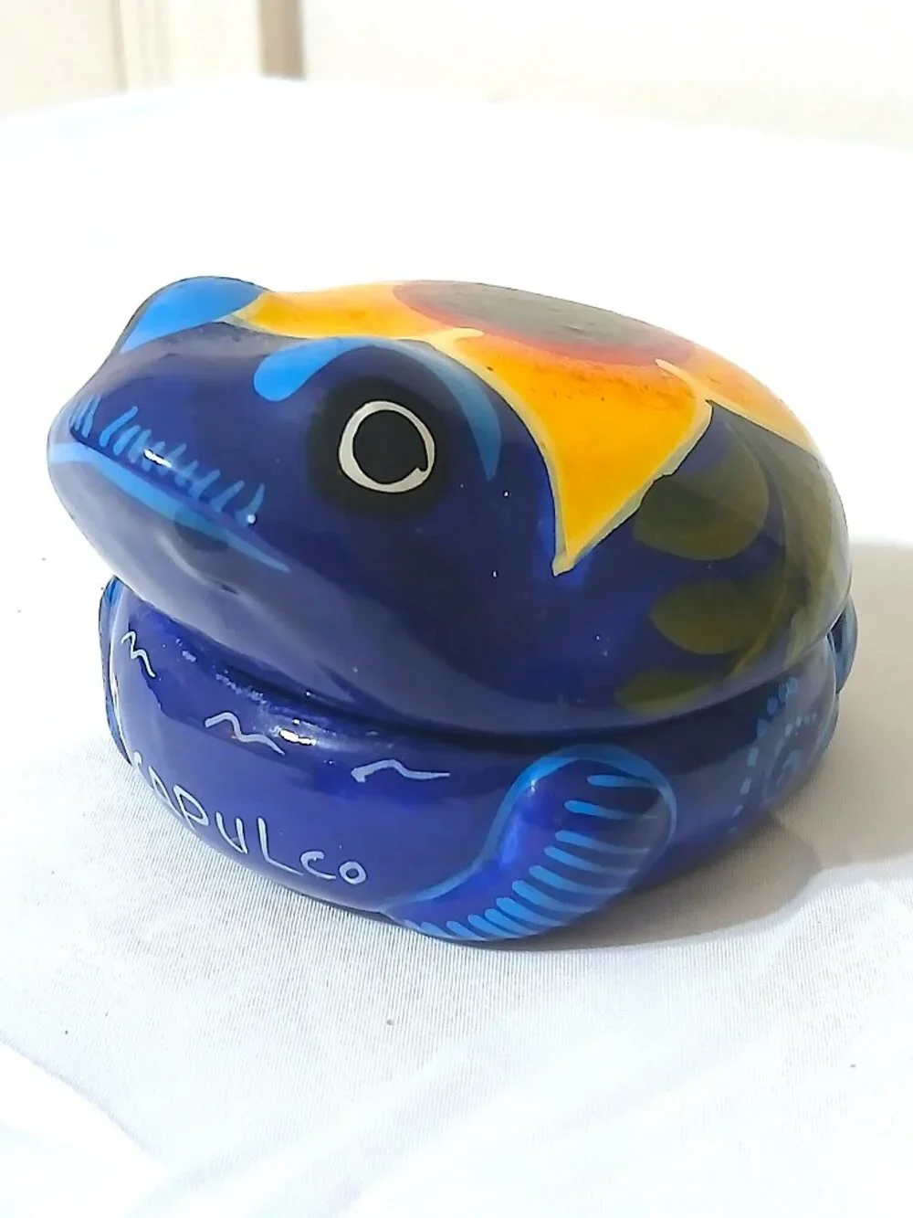 Vintage Acapulco Mexico Hand Painted Frog Ceramic Trinket Box Folk Art